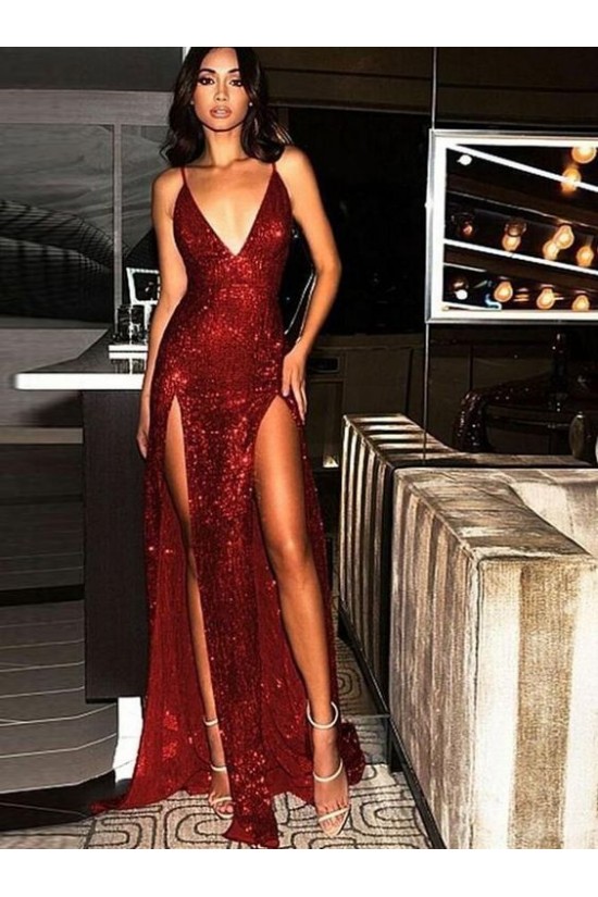 Sexy Spaghetti Straps V-neck Sparkling Long Prom Dress Formal Evening Dresses with High Slits 601388 Sexy Spaghetti Straps V-neck Sparkling Long Prom Dress Formal Evening Dresses with High Slits 601388