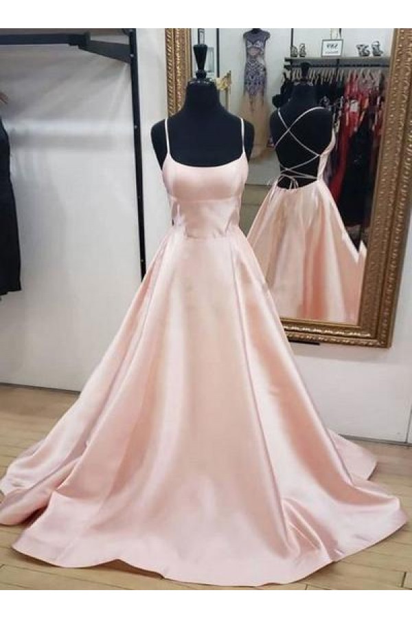 Elegant Pink Spaghetti Strap A-Line Long Prom Dress Ideas, Evening Party Dresses, OLP1443