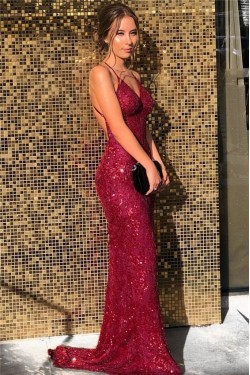 Mermaid V-Neck Spaghetti Straps Sparkling Long Prom Dress Formal Evening Dresses 601410