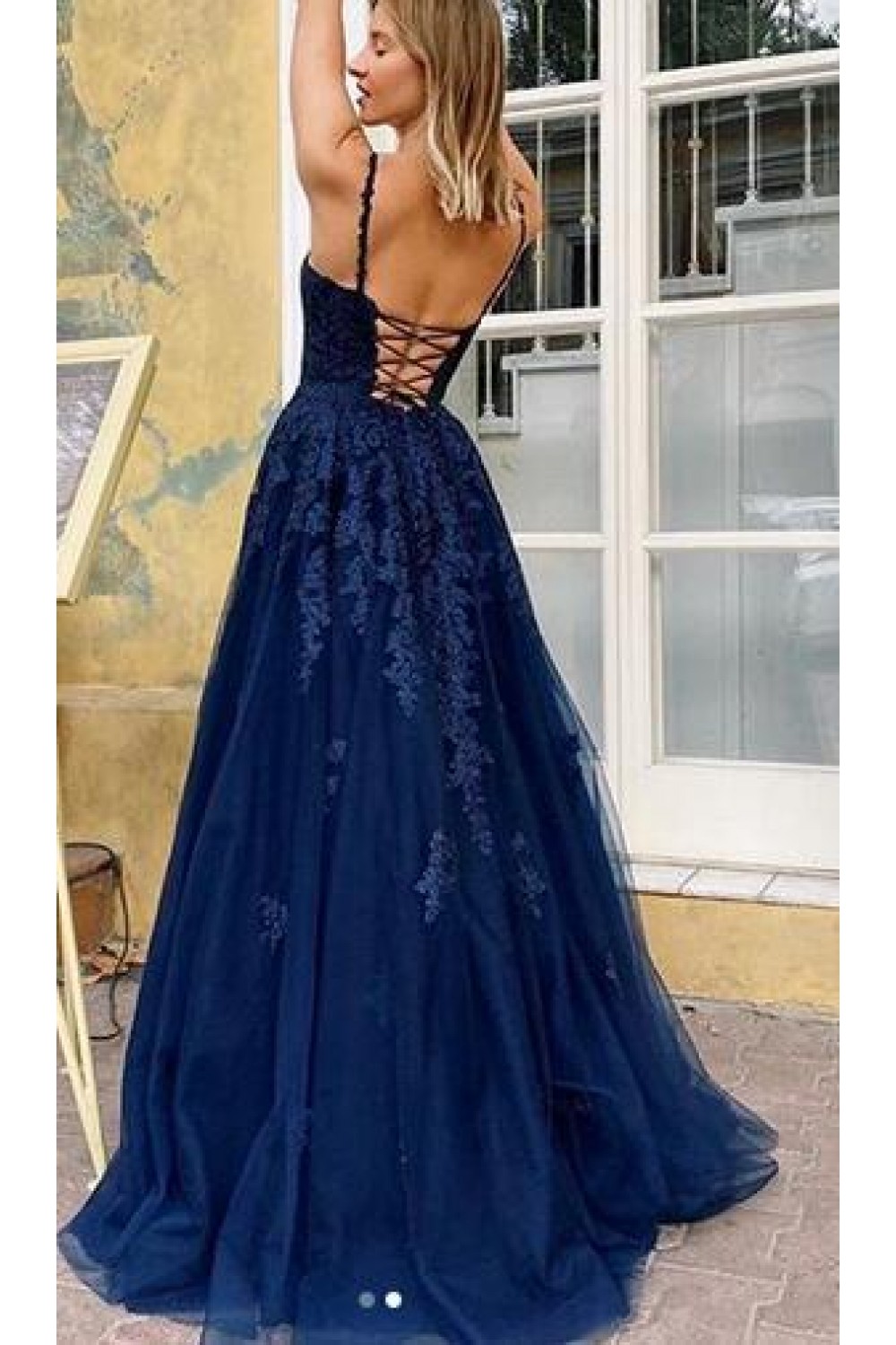 Elegant Long A-line V neck Lace Prom Formal Evening Dresses main image 0