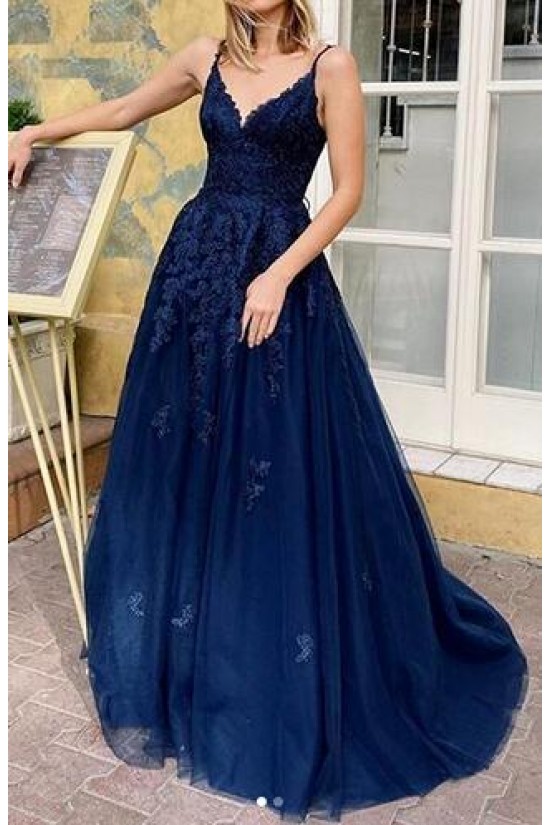 A Line V Neck Backless Aqua Lace Long Prom Dresses, Aqua Lace Formal Graduation Evening Dresses
