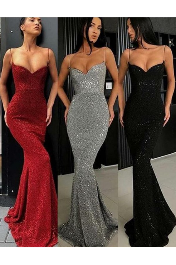 Spaghetti Straps Sparkly Mermaid Long Prom Gown, Sequin Dance Dress UQP0154