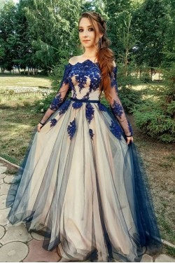 A-Line Off-the-Shoulder Long Sleeves Lace Appliques Long Prom Dress Formal Evening Dresses 601447