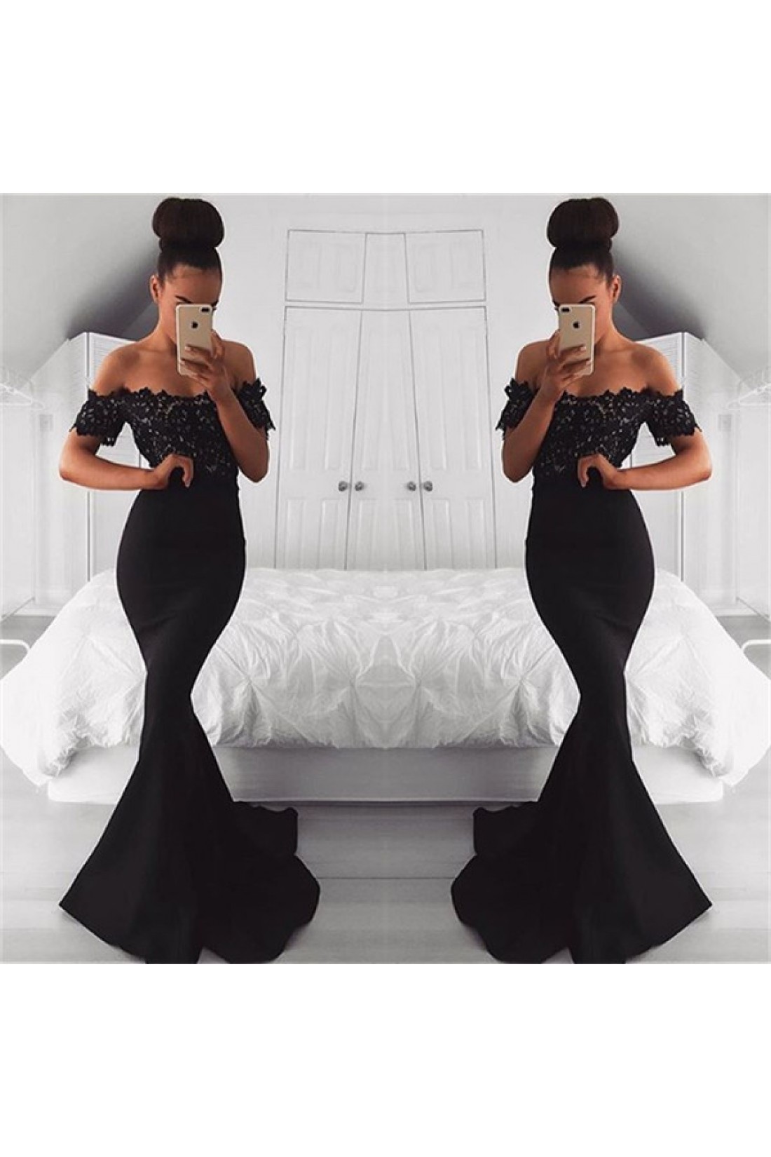 Black Satin Mermaid Feathered Off Shoulder Prom Dresses With Lace, PL681