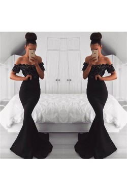 Mermaid Long Black Off-the-Shoulder Lace Prom Dress Formal Evening Dresses 601465
