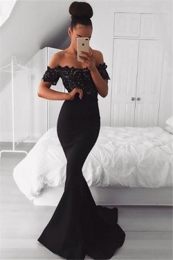 Mermaid Long Black Off-the-Shoulder Lace Prom Dress Formal Evening Dresses 601465