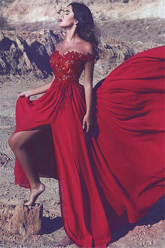 Off Shoulder Red Lace Beaded A-line Long Evening Prom Dresses, Evening Party Prom Dresses, 12328