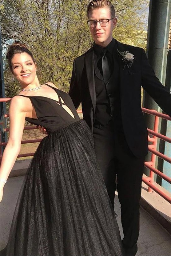 A-Line Long Black Tulle Prom Dress Formal Evening Dresses 601514