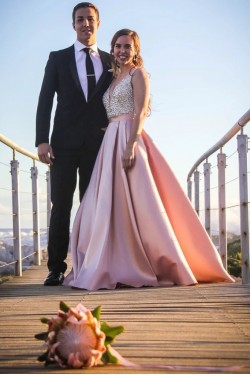 A-Line Beaded Satin V-Neck Long Prom Dress Formal Evening Dresses 601517