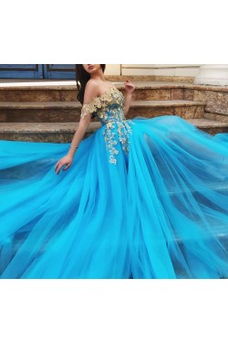 A-Line Lace Tulle Off-the-Shoulder Long Prom Dress Formal Evening Dresses 601540
