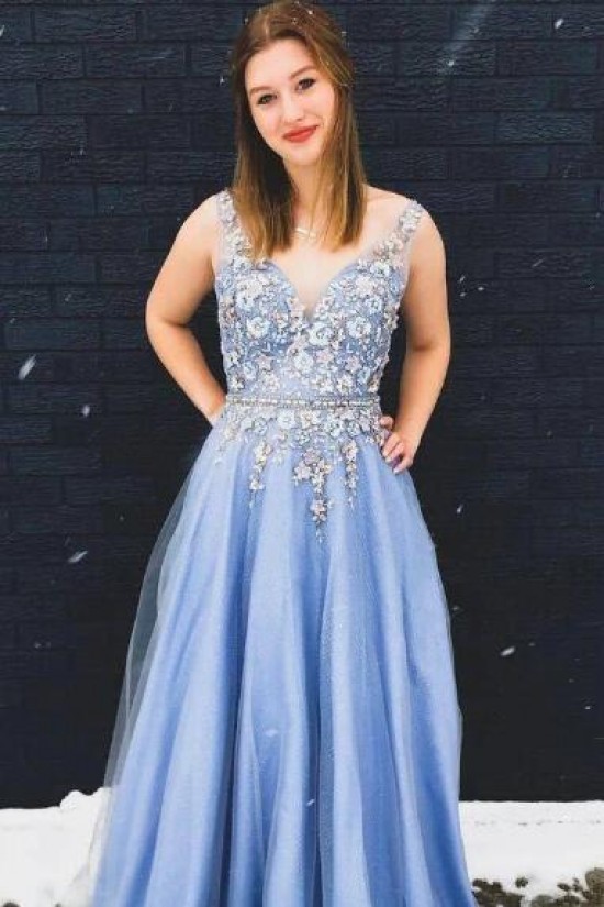 A-Line V-neck Long Prom Dress Formal Evening Dresses 601555