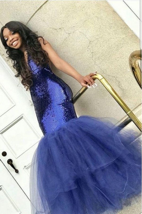 Mermaid V-Neck Sequins Tulle Long Prom Dress Formal Evening Dresses 601621