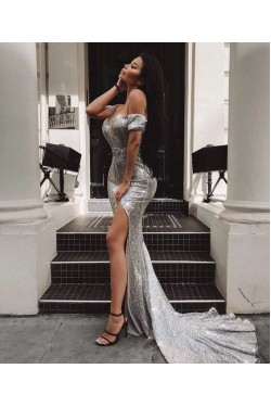 Mermaid Off-the-Shoulder Sparkle Long Prom Dress Formal Evening Dresses 601632