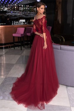 A-Line Lace and Tulle Long Prom Dress Formal Evening Dresses 601648