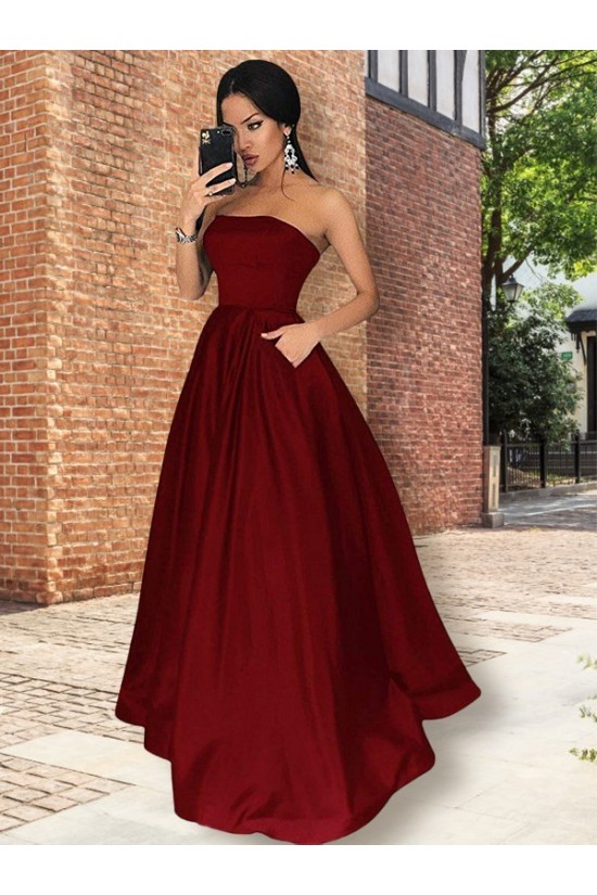 A-Line Strapless Satin Long Prom Dress Formal Evening Dresses 601684