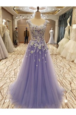 A-Line Beaded Tulle Lace Long Prom Dress Formal Evening Dresses 601703