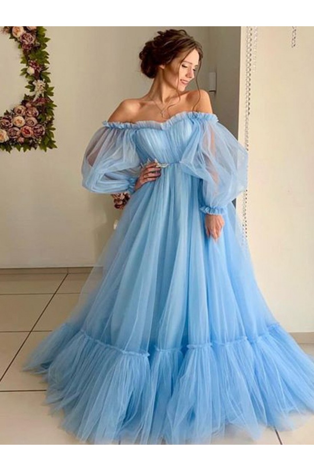 Pretty A Line Off The Shoulder White Tulle Floral Long Prom Dresses Party Evening Dress