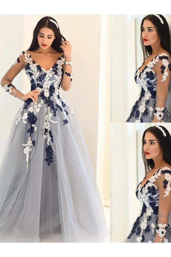 A-Line Long Sleeves V-Neck Long Prom Dress Formal Evening Dresses 601712 A-Line Long Sleeves V-Neck Long Prom Dress Formal Evening Dresses 601712