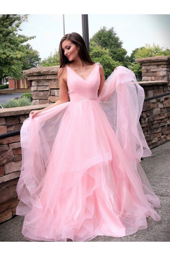 A-Line Long Pink Tulle Prom Dress Formal Evening Dresses 601748 A-Line Long Pink Tulle Prom Dress Formal Evening Dresses 601748