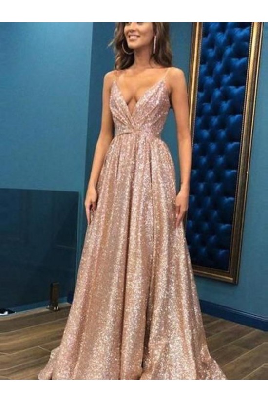 A-Line V-Neck Sequins Long Prom Dress Formal Evening Dresses 601803 A-Line V-Neck Sequins Long Prom Dress Formal Evening Dresses 601803