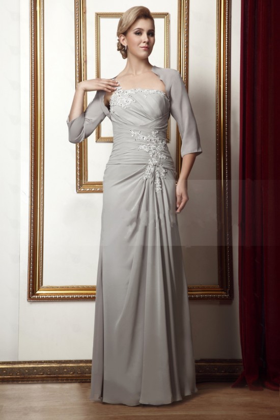 Elegant One-Shoulder Beaded Applique Long Chiffon Mother of the Bride Dresses with A Jacket M010016 Elegant One-Shoulder Beaded Applique Long Chiffon Mother of the Bride Dresses with A Jacket M010016