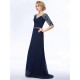 A-Line Beaded Half Sleeve Long Blue Chiffon Mother of the Bride Dresses M010060