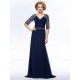 A-Line Beaded Half Sleeve Long Blue Chiffon Mother of the Bride Dresses M010060