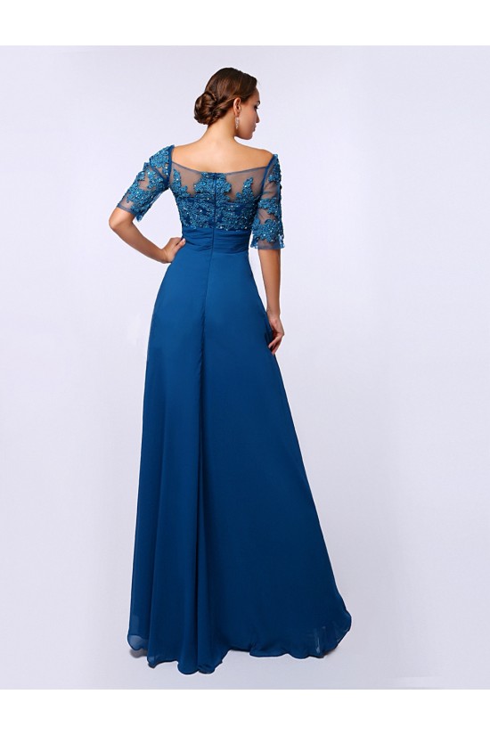 A-Line Bateau Short Sleeve Long Blue Chiffon Mother of the Bride Dresses M010085