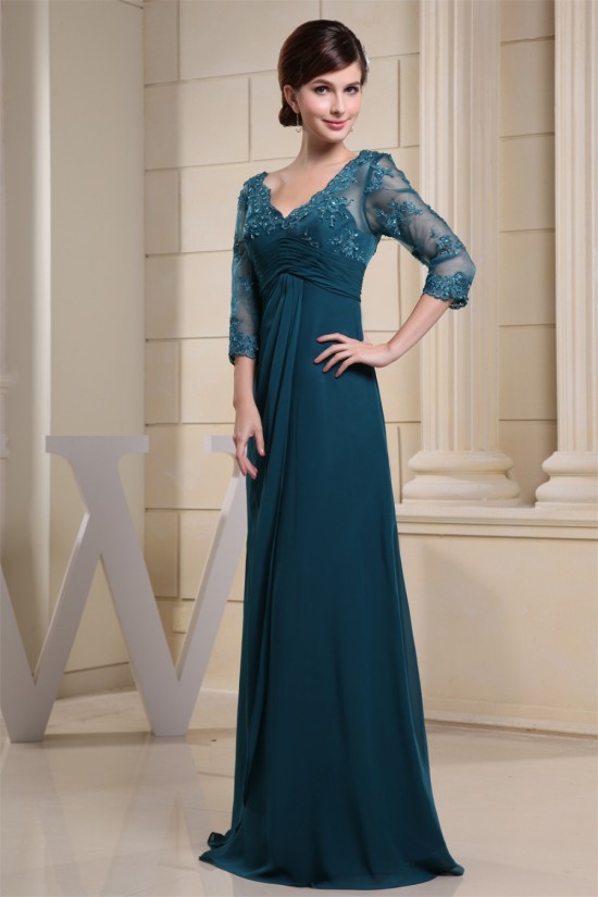 A-Line Chiffon V-Neck 3/4 Sleeve Sequins Appliques Brush Sweep Train Mother of the Bride Dresses 2040032 A-Line Chiffon V-Neck 3/4 Sleeve Sequins Appliques Brush Sweep Train Mother of the Bride Dresses 2040032