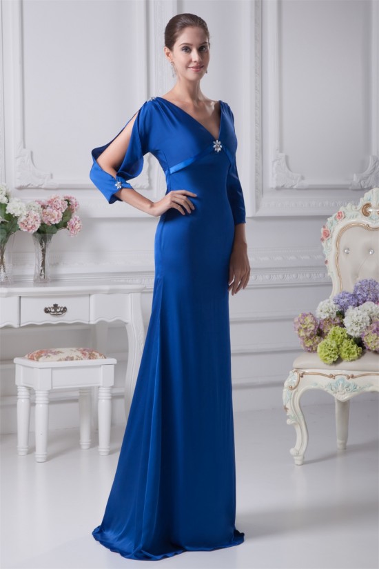 Silk like Satin Satin Chiffon V-Neck 3/4 Sleeve Long Blue Mother of the Bride Dresses 2040085 Silk like Satin Satin Chiffon V-Neck 3/4 Sleeve Long Blue Mother of the Bride Dresses 2040085