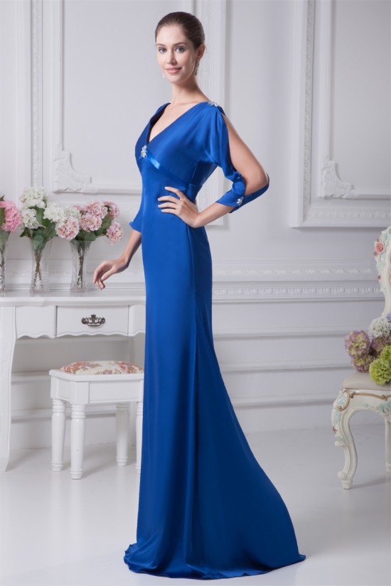 Silk like Satin Satin Chiffon V-Neck 3/4 Sleeve Long Blue Mother of the Bride Dresses 2040085 Silk like Satin Satin Chiffon V-Neck 3/4 Sleeve Long Blue Mother of the Bride Dresses 2040085