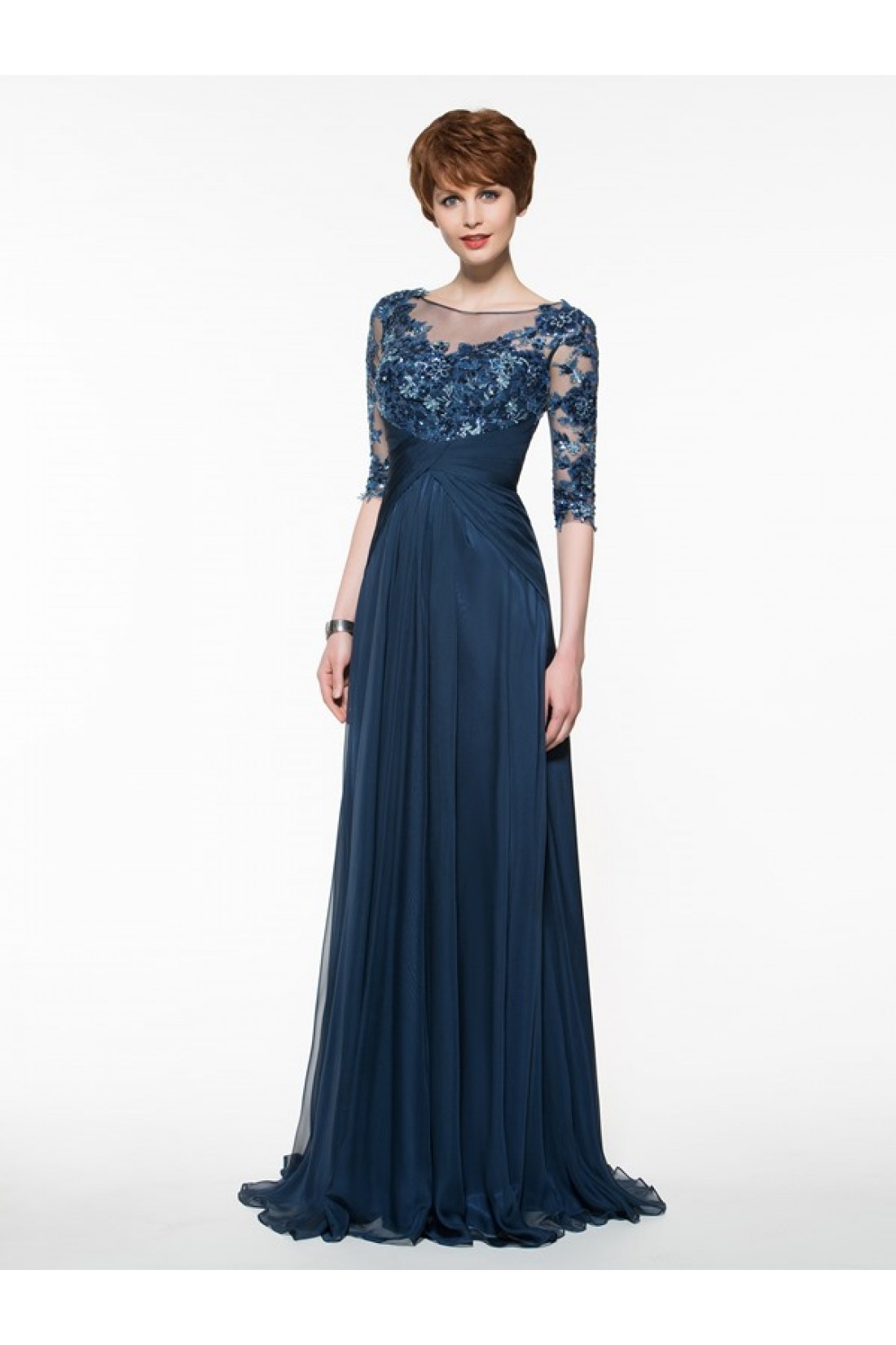 Half Sleeves Illusion Neckline Lace Appliques Chiffon Mother of The
