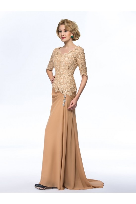 Long Half Sleeves V-Neck Lace Chiffon Long Mother of The Bride Dresses 3040033