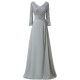Long 3/4 Length Sleeves V-Neck Lace Chiffon Long Mother of The Bride Dresses 3040034
