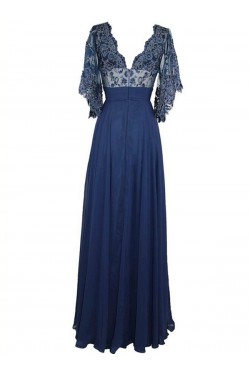 Long Blue V-Neck Lace Chiffon Long Mother of The Bride Dresses 3040037