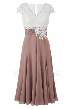 A-Line V-Neck Lace and Chiffon Tea-Length Mother of The Bride Dresses 602013