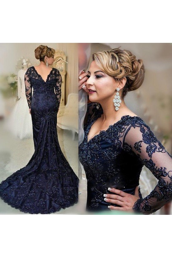 Mermaid Evening Gown Long Sleeve V Neck Mother of the Bride with Slit main image 0