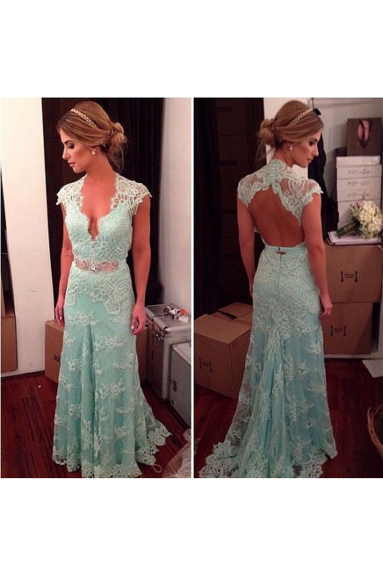 Lace V-Neck Long Mother of The Bride and Groom Dresses 602040