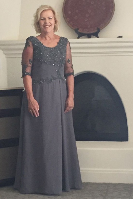 A-Line Beaded Lace Appliques Chiffon Long Mother of The Bride Dresses 602071