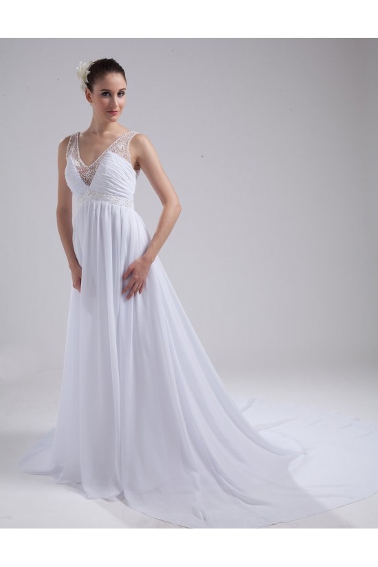 Elegant A-line V-neck Straps Chapel Train Chiffon Beaded Wedding Dresses WD010026 Elegant A-line V-neck Straps Chapel Train Chiffon Beaded Wedding Dresses WD010026