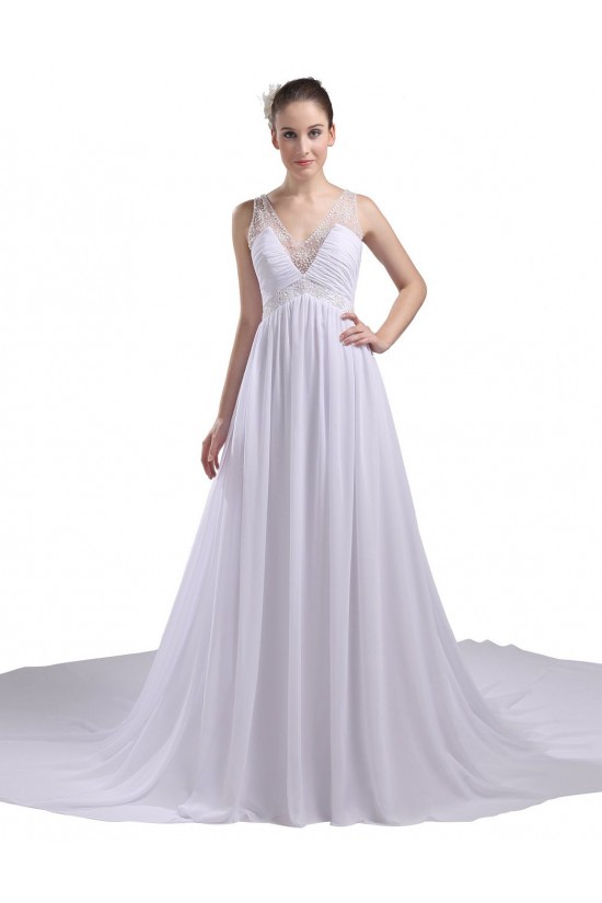 Elegant A-line V-neck Straps Chapel Train Chiffon Beaded Wedding Dresses WD010026 Elegant A-line V-neck Straps Chapel Train Chiffon Beaded Wedding Dresses WD010026