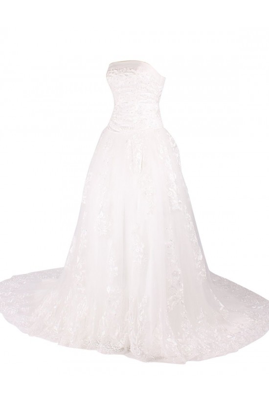 A-line Strapless Chapel Train Lace Wedding Dresses WD010032