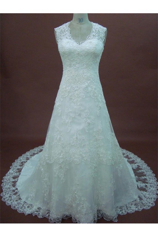 A-line V-neck Chapel Train Lace Bridal Wedding Dresses WD010158