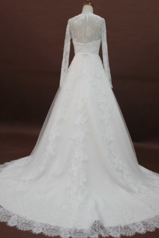 A-line V-neck Long Sleeves Chapel Train Lace Bridal Wedding Dresses WD010169 A-line V-neck Long Sleeves Chapel Train Lace Bridal Wedding Dresses WD010169