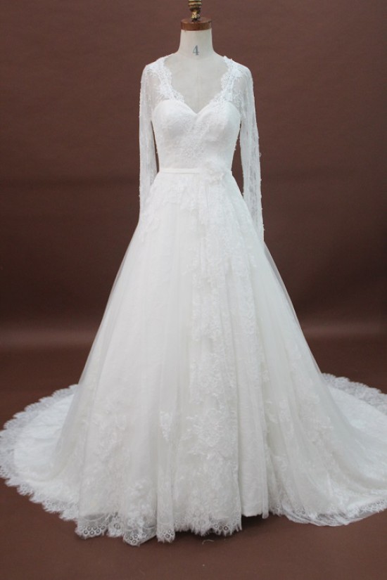A-line V-neck Long Sleeves Chapel Train Lace Bridal Wedding Dresses WD010169 A-line V-neck Long Sleeves Chapel Train Lace Bridal Wedding Dresses WD010169