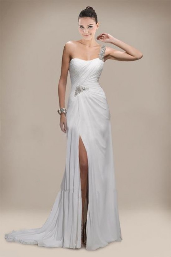 Sheath/Column One Shoulder Beaded Chiffon Bridal Wedding Dresses WD010303
