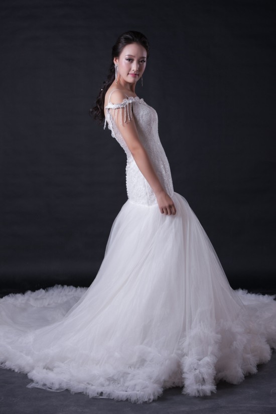Trumpet/Mermaid Beaded Lace Bridal Wedding Dresses with one and a half meters Train WD010388