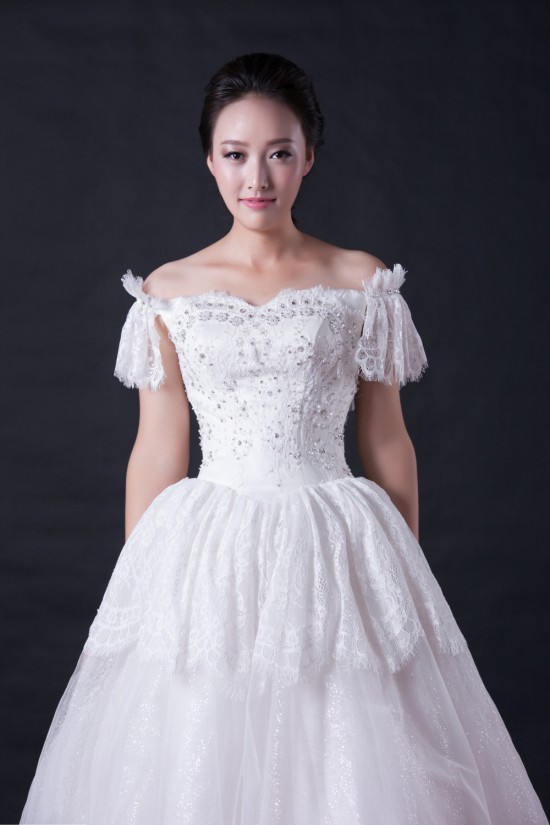 Ball Gown Off the Shoulder Beaded Lace Bridal Wedding Dresses WD010394