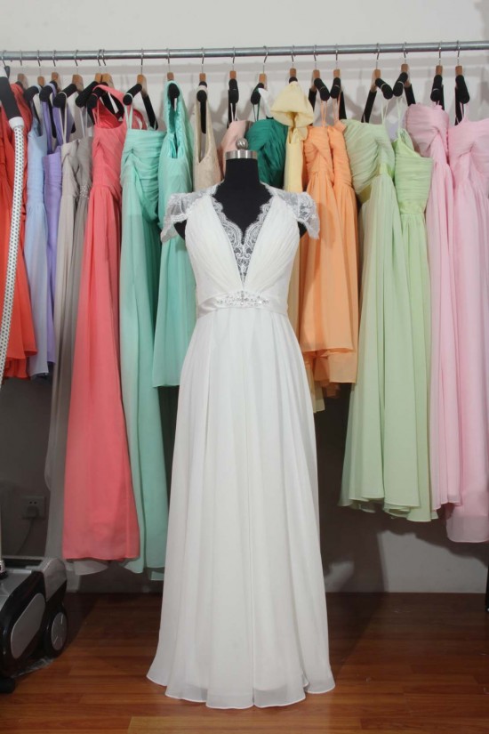 Elegant V-neck Cap Sleeves Chiffon and Lace Bridal Wedding Dresses WD010558