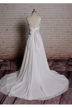 A-line V-neck Lace Bowknot Bridal Wedding Dresses WD010690